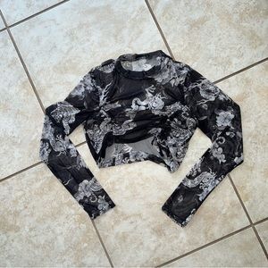 Sheer Ruched Long Sleeve Dragon Tiger Flower Print Top Size L